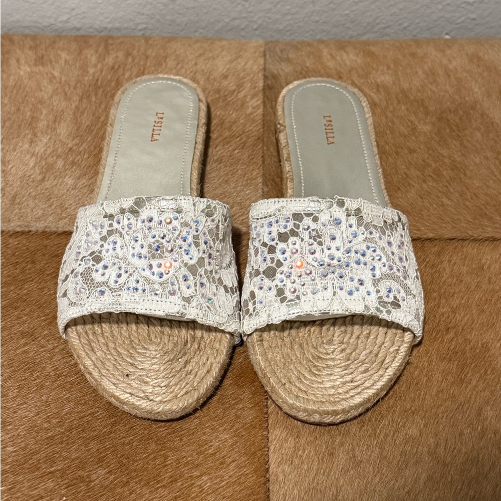 Le Silla White Lace Embellished Slide Sandals